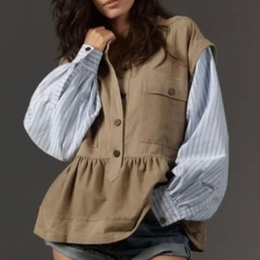 Anthropologie Tan and Blue Layered Jacket